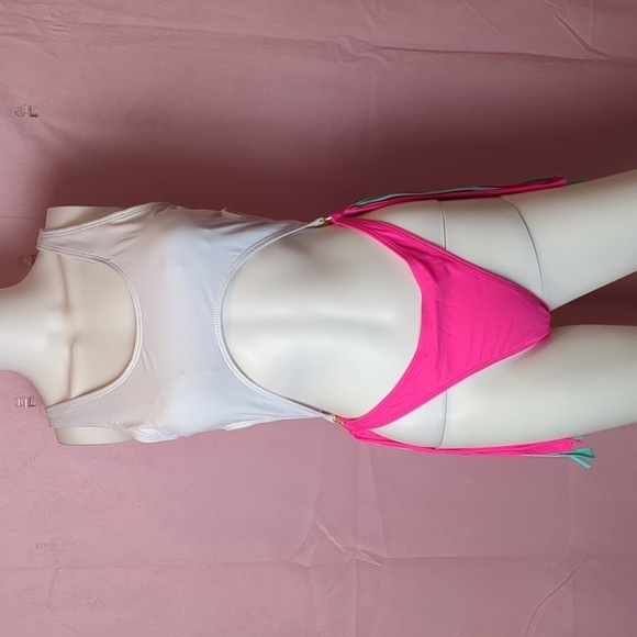 Neon Pink and White Cut Out Monokini Fringe Sides One Piece Swimsuit size Large - Picture 1 of 6